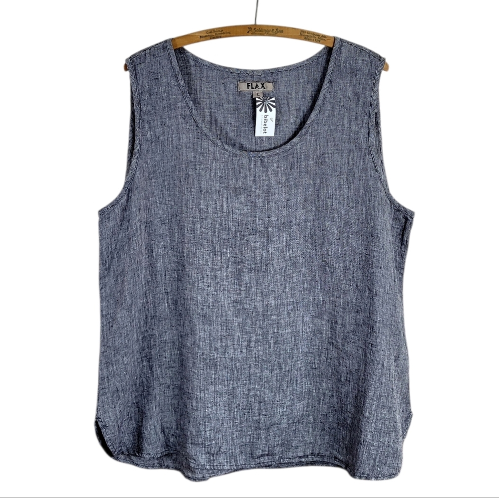 NWT FLAX Pure Crosshatched LINEN Sleeveless Tank Top In COAL Black White Large